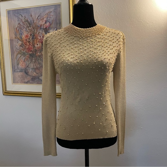 Gorgeous Belldini Light Gold Silk Metallic Sweater with Pearl Accents Size L - Picture 2 of 8